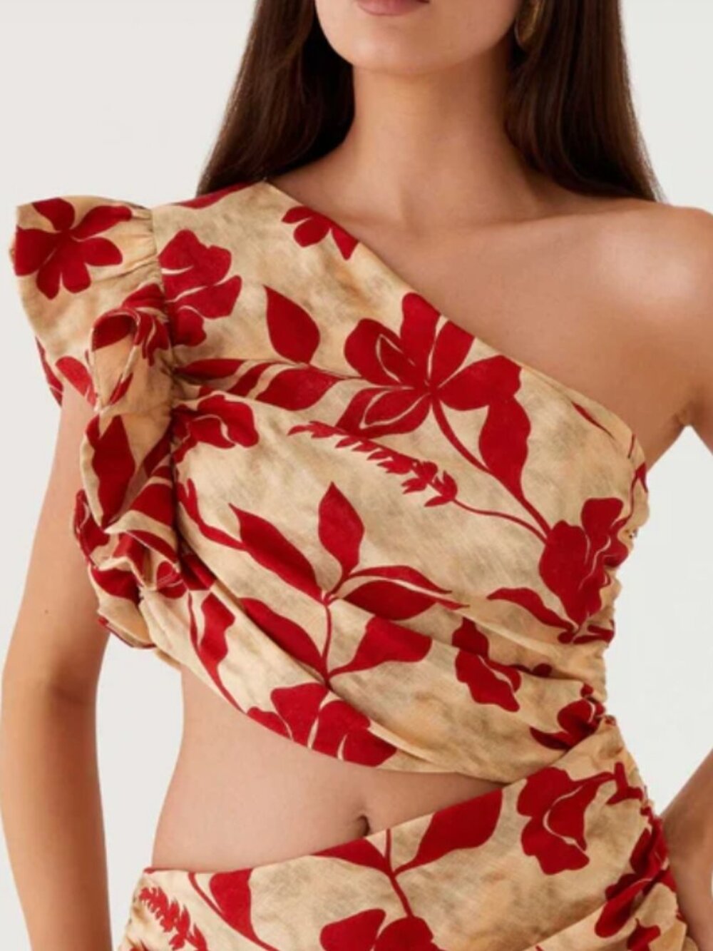 Peppermayo Maisie Red Green Floral Linen One-Shoulder Mini Dress Size 10 - Picture 4 of 9